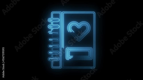 Neon style notebook with heart icon glowing on black background for education and love