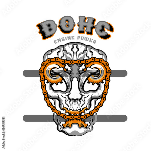 illustration of skull with gear and camshaft chain 