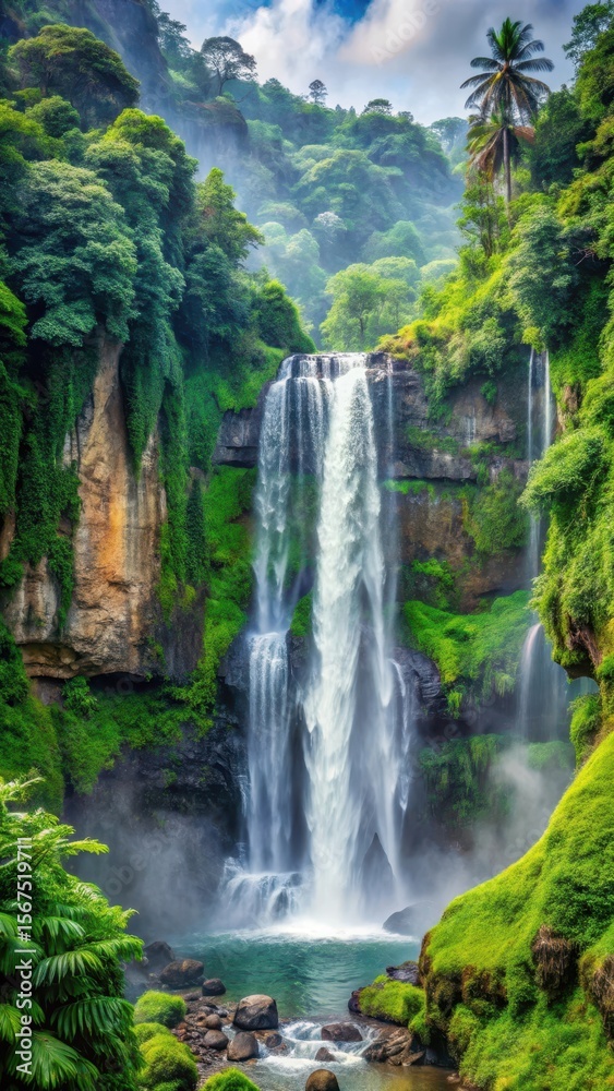Naklejka premium Majestic waterfall cascading down rocky cliffs in lush tropical surroundings