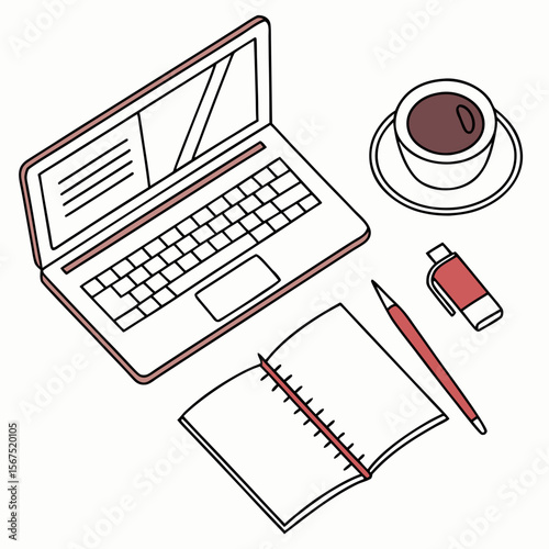 Laptop notebook pen coffee cup and flash drive on desk saucer