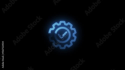 Glowing blue gear with check mark animation on black background concept of technology