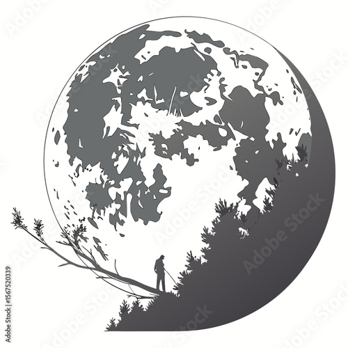 Lone figure observing vast moonlit landscape night silhouette