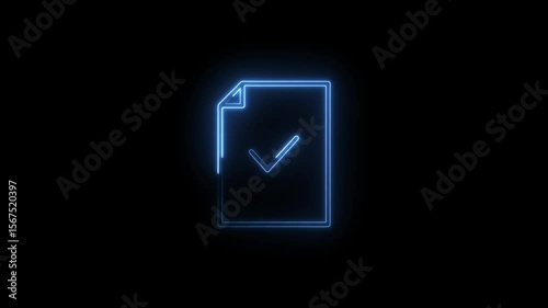 Glowing neon document with check mark animation on black background loop