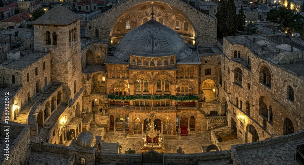 Obraz premium Illuminated ancient stone edifice at night, showcasing architectural details and courtyard