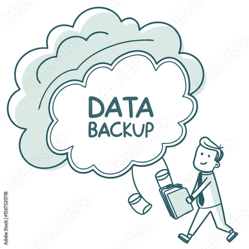 Man carrying documents to cloud for data backup businessman briefcase