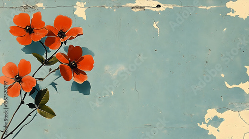 Vibrant Orange Flowers Against a Distressed Blue Wall with Peeli
