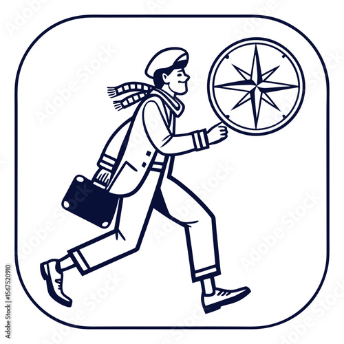 Man with briefcase and compass walking travel