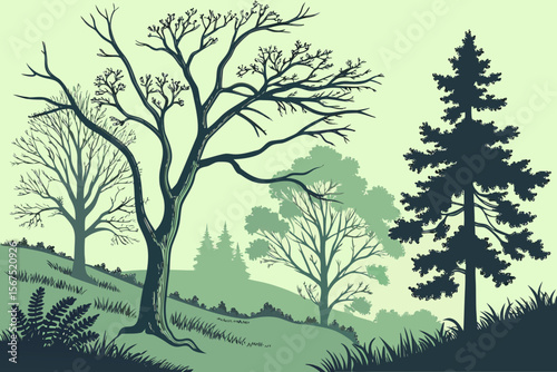 Stylized illustration of a natural landscape with a variety of trees, including deciduous and evergreen, showcasing different seasons and foliage, suitable for environmental themes.