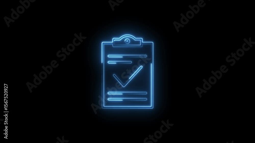 Neon glowing clipboard with tick check mark animation on black background for business document completion