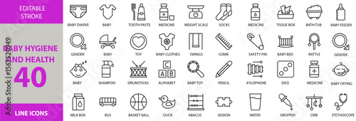 Baby Hygiene and health icon set. Containing Vector pictograms of baby, hygiene, health, care, child, newborn, infant, clean, medical, pediatric, shower, wash, bathe, soap, shampoo, lotion and more.