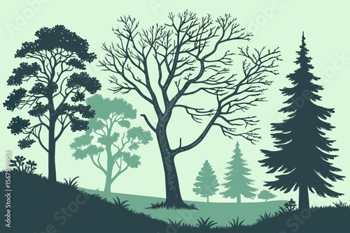 Stylized illustration of a natural landscape with a variety of trees, including deciduous and evergreen, showcasing different seasons and foliage, suitable for environmental themes.