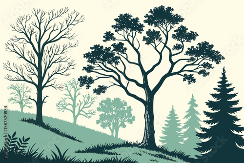 Stylized illustration of a natural landscape with a variety of trees, including deciduous and evergreen, showcasing different seasons and foliage, suitable for environmental themes.