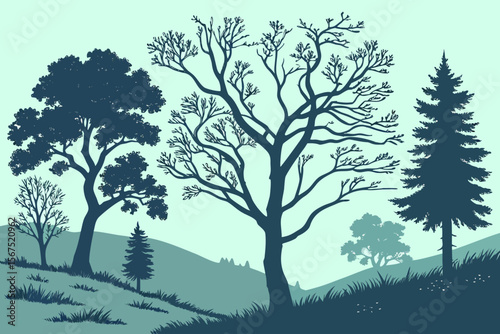 Stylized illustration of a natural landscape with a variety of trees, including deciduous and evergreen, showcasing different seasons and foliage, suitable for environmental themes.