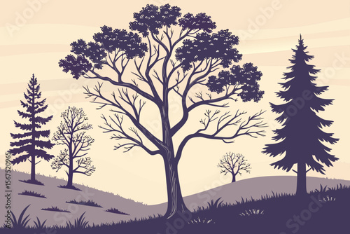 Stylized illustration of a natural landscape with a variety of trees, including deciduous and evergreen, showcasing different seasons and foliage, suitable for environmental themes.