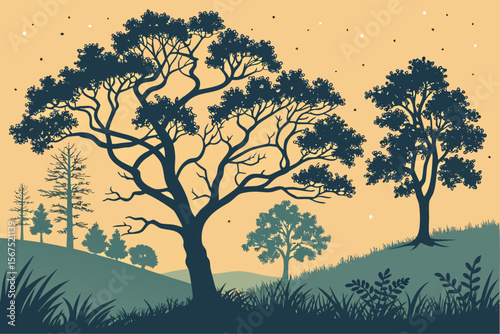 Stylized illustration of a natural landscape with a variety of trees, including deciduous and evergreen, showcasing different seasons and foliage, suitable for environmental themes.