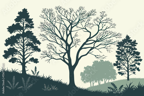 Stylized illustration of a natural landscape with a variety of trees, including deciduous and evergreen, showcasing different seasons and foliage, suitable for environmental themes.
