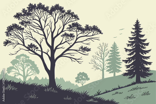 Stylized illustration of a natural landscape with a variety of trees, including deciduous and evergreen, showcasing different seasons and foliage, suitable for environmental themes.