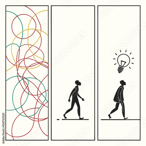 Illustration showing a progression from chaos to enlightenment with a walking figure and lightbulb