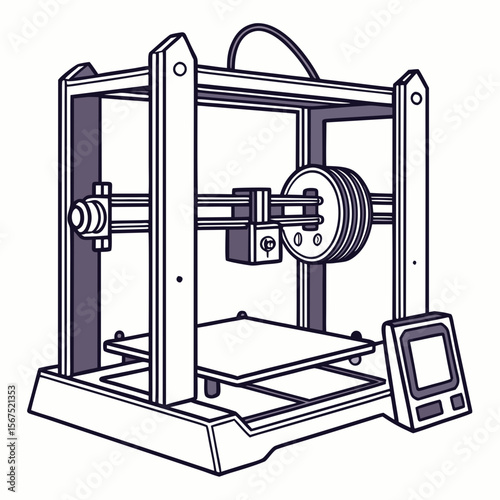 Modern three dimensional printer with digital display and intricate mechanical parts