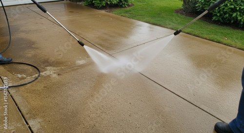 High-pressure water cleaning of a driveway