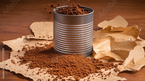 Metal Can with Ground Coffee on Brown Paper Background