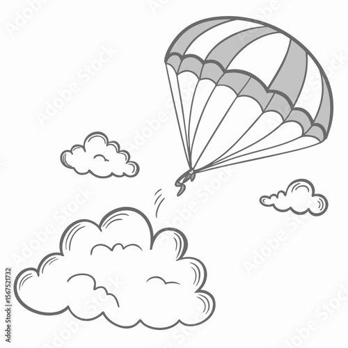 Parachute descending through fluffy clouds skydiving descent