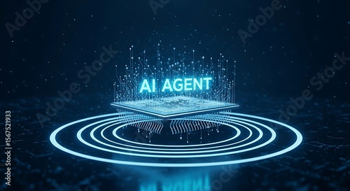 Ai generated image of the words ai agent glow above a futuristic computer chip