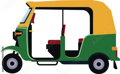 India auto rickshaw side view illustration green yellow three wheeler public street taxi vehicle