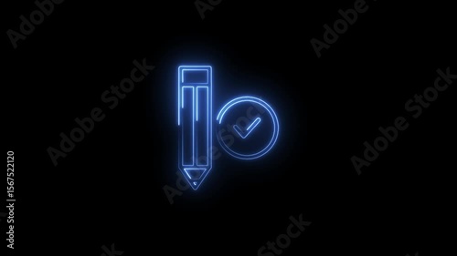 Blue neon pencil and check mark graphic animation against black background motion design