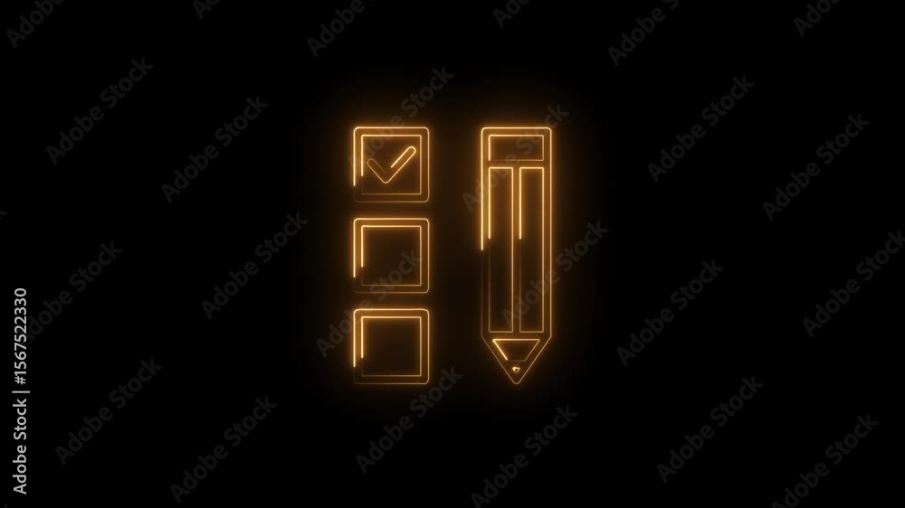 Glowing neon checklist and pencil icon animation on a dark background for education or business