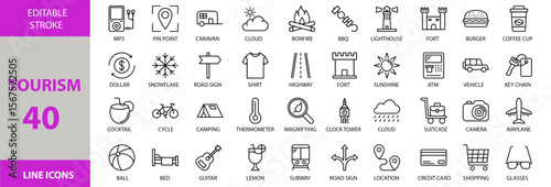 Tourism icons set. Containing Vector pictograms of travel, tourism, vacation, holiday, tour, trip, adventure, explore, destination, journey, suitcase, map, airplane, hotel, beach and more.