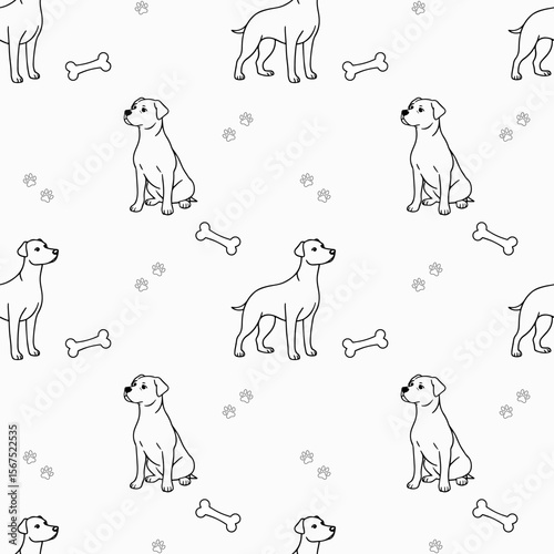 Seamless pattern with simple black line art dogs in sitting and standing poses, scattered dog bones, and paw prints on white background, perfect for pet-themed designs, wallpapers, and textiles