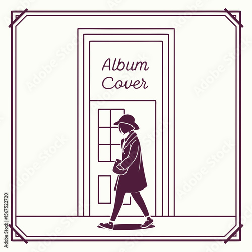 Person walking past a door with album cover text vector