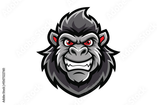 Ferocious gray gorilla head shows sharp teeth and glaring red eyes aggressively