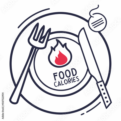 Plate with fork knife and flame symbol for food calories vector