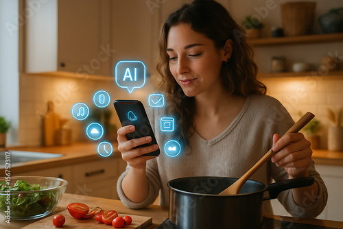 Woman cooking in kitchen using smartphone with ai interface and glowing icons