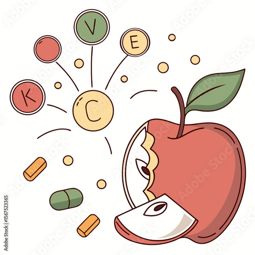 Red apple with vitamins and pills green yellow