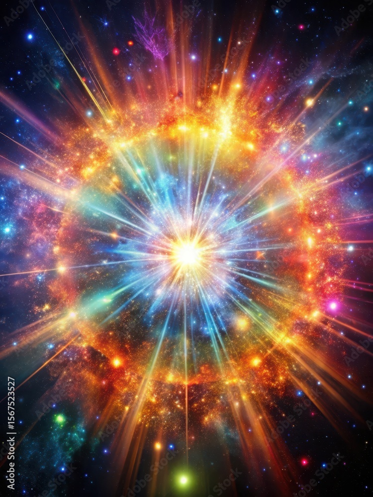 Fototapeta premium Explosion of colorful stars and gas in a massive supernova explosion on a dark black background with light rays radiating outward