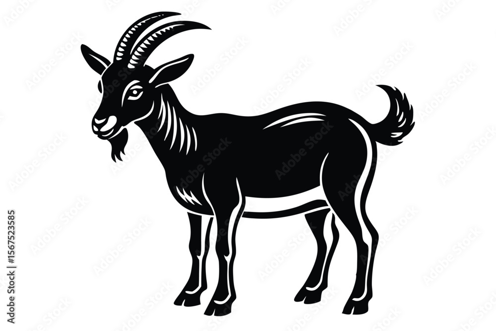 Obraz premium The striking black goat with elegant curved horns stands boldly in clear monochrome