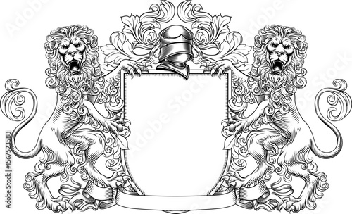 Lions coat of arms or crest family heraldry medieval heraldic knight shield with helmet and acanthus filigree scroll ornament in a vintage woodcut style.