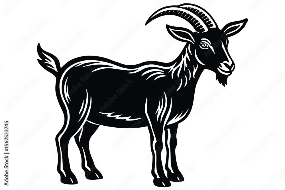 Obraz premium Majestic stylized goat with curved horns stands regally, a bold silhouette against stark white
