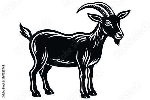 Majestic stylized goat with curved horns stands regally, a bold silhouette against stark white