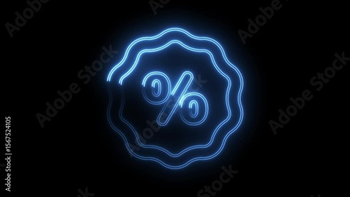 Glowing blue neon percentage sign animation against black backdrop for sales and marketing