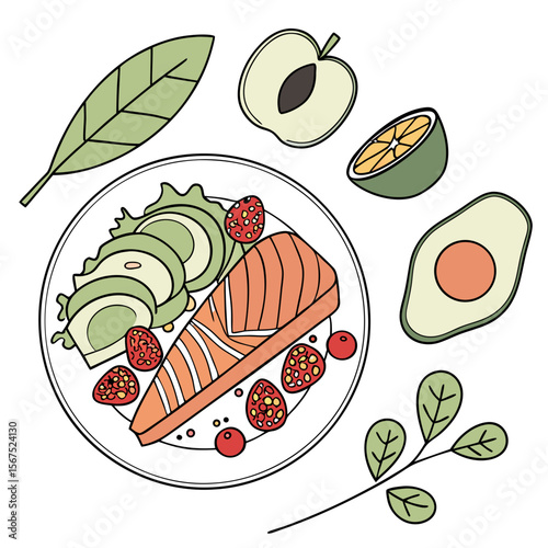 Salmon avocado salad with tomatoes and greens vector