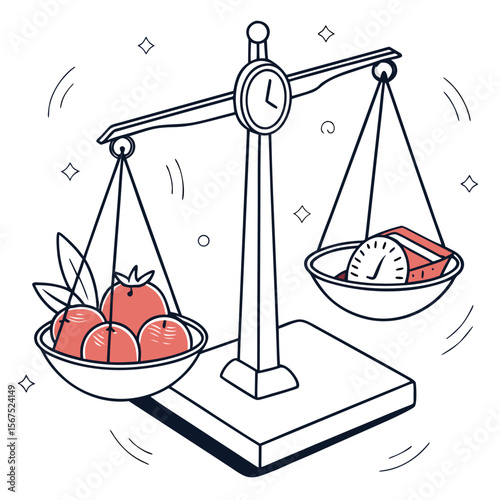 Scales balancing fruit and book with clock balance