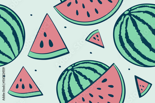 Whimsical Watermelon Pattern with Slices and Whole Fruits on a Pale Blue Background for Summer or Food Related Designs
