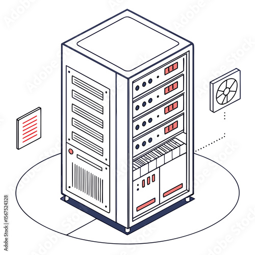 Server rack with fan and data panel computer hardware data center