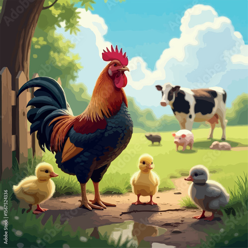 illustration, rooster, vector, chicken, farm, cartoon, cute, hen, domestic, animal, bird, nature, poultry, chick, country, cock, flat, meat, kids, agriculture, isolated, animals, children, landscape, 