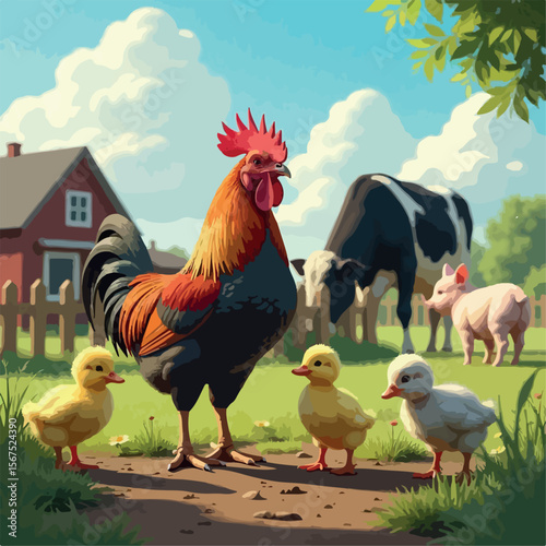 illustration, rooster, vector, chicken, farm, cartoon, cute, hen, domestic, animal, bird, nature, poultry, chick, country, cock, flat, meat, kids, agriculture, isolated, animals, children, landscape, 