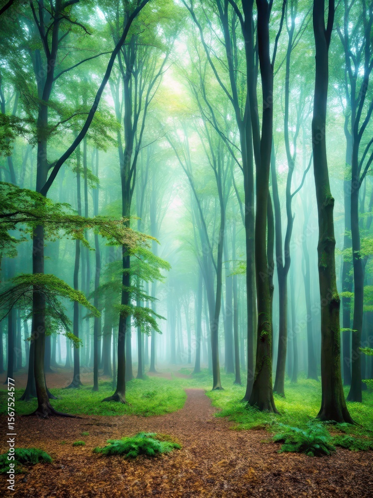 Naklejka premium Misty forest landscape with dense trees and foggy atmosphere